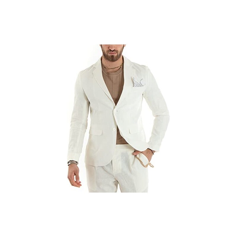 Giosal Giacca Uomo Lino Monopetto Tinta Unita Sartoriale Classica Casual  Taschino a Pochette (50, Bianco) 