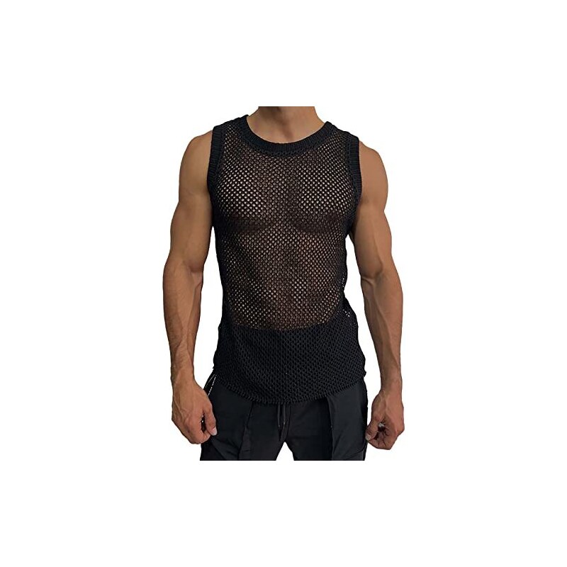 DRESCOKLJ Canottiera da uomo trasparente senza maniche a rete, canotta da uomo trasparente muscolare, senza maniche, maglietta da uomo in rete, Nero , XL
