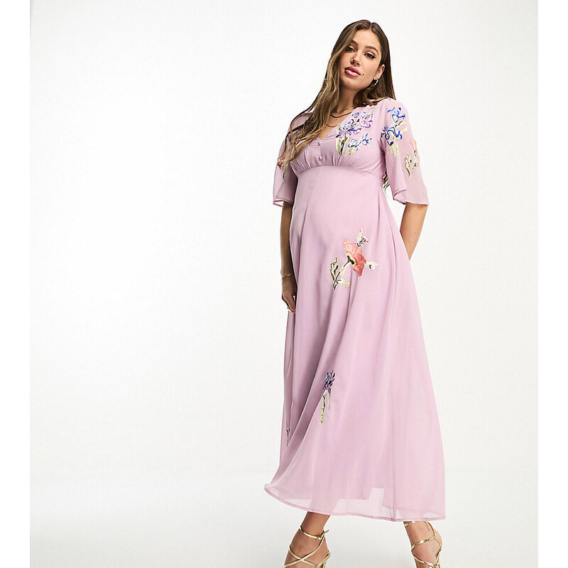 Hope & Ivy Maternity - Vestito lungo lilla ricamato con scollo profondo-Viola