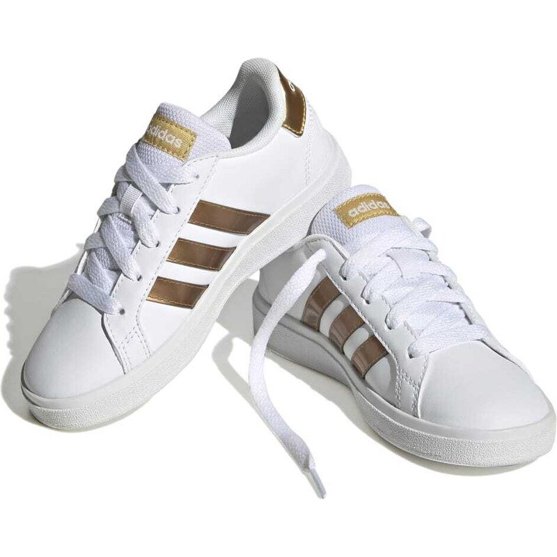 Sneakers bianche da ragazza con strisce oro adidas Grand Court 2.0 K Stileo