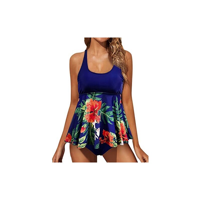 Kate Kasin Costume da bagno intero da donna, retrò, elegante, con controllo della pancia, tankini, allacciatura al collo, costume da bagno con pantaloncini, Fiori blu., 52