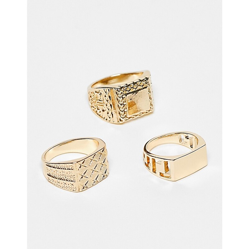 ASOS DESIGN - Confezione da 3 anelli con sigillo color oro