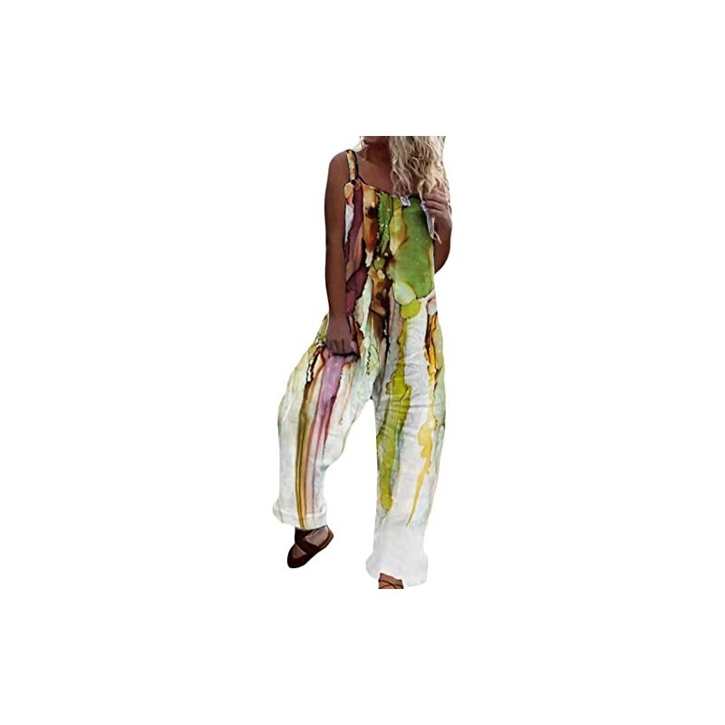 KMAZN Salopette Lunga Donna In Cotone E Lino – Taglie Forti – Gamba Larga Con Spacco – Bretelle Regolabili – Tuta Estiva Comoda – XX-Large