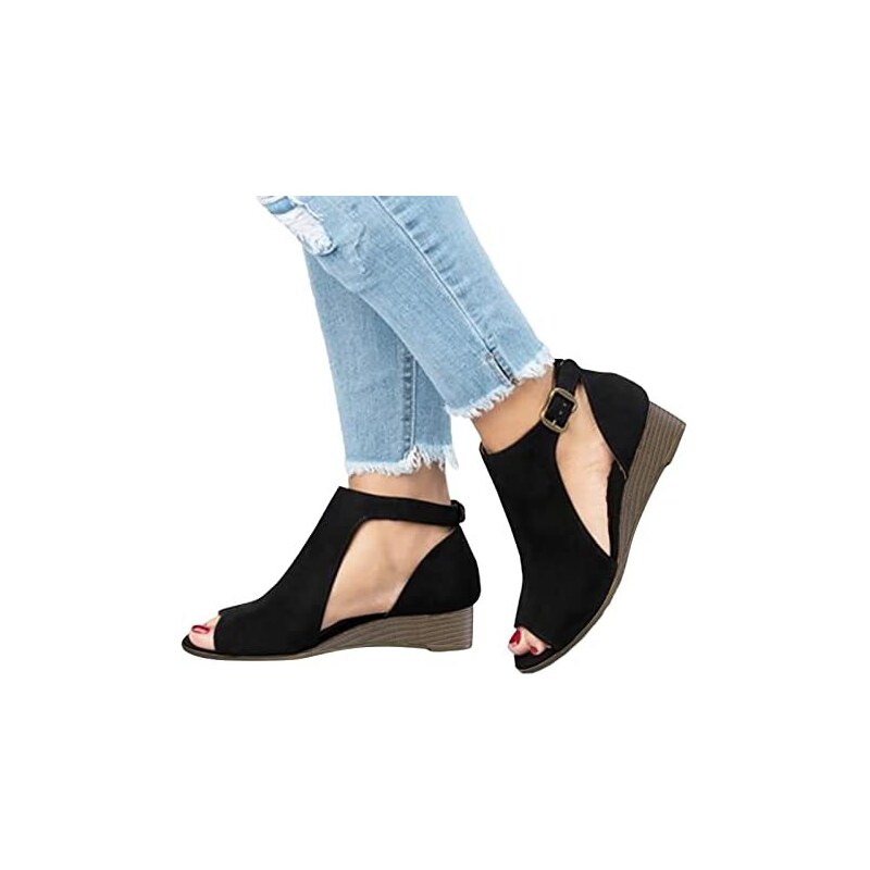 SMajong Sandali Donna Ortopedici Con Strappo, Leggeri E Comodi, Zeppa 4,5 Cm, Vintage, Versatili, Nero 38