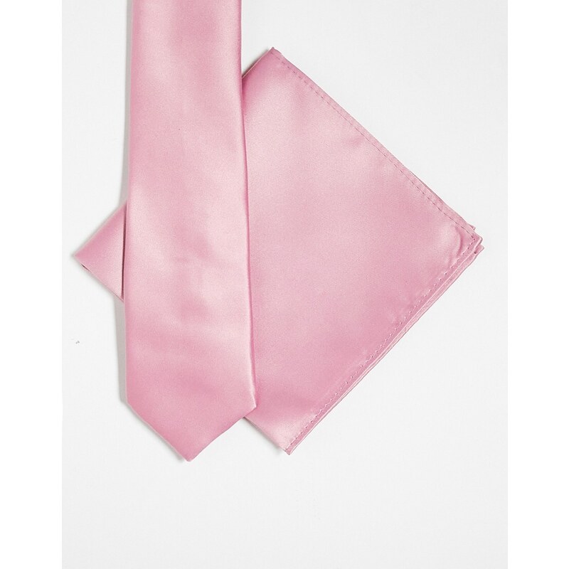 ASOS DESIGN - Set in raso rosa con cravatta sottile e fazzoletto da taschino