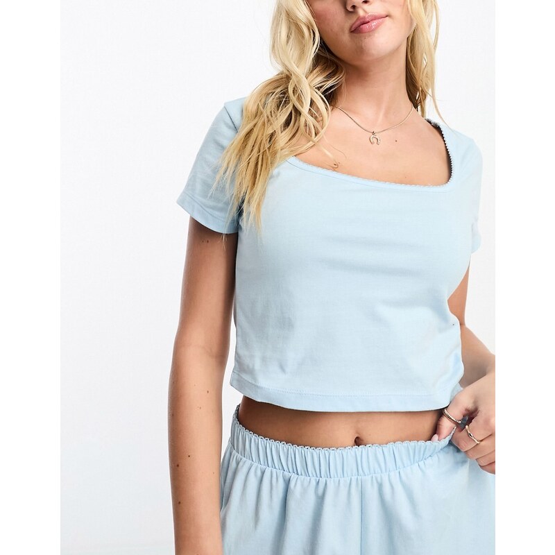 ASOS DESIGN - Mix & Match - T-shirt del pigiama in cotone blu con finiture a festoncino