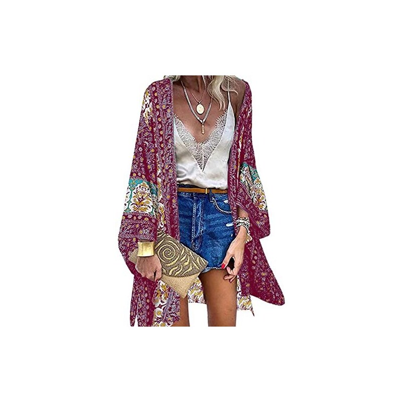 Viscosa Leggera Kimono Copricostume Donna Lungo Stampa Floreale