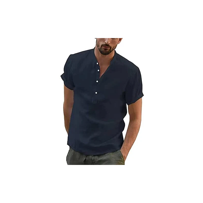 WAZZAP Camicia Uomo Manica Corta In Lino E Cotone, Modello Hippie Henley Con Bottoni, Leggera E Traspirante, Per Estate, Spiaggia E Casual