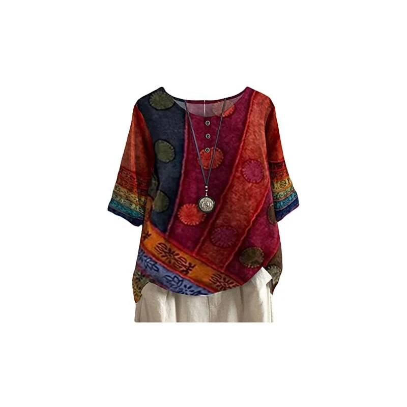 Camicetta Donna Estate - Cotone E Lino | Taglie Forti Con Ricamo | Blusa Elegante Maniche 3/4 - Foto 8