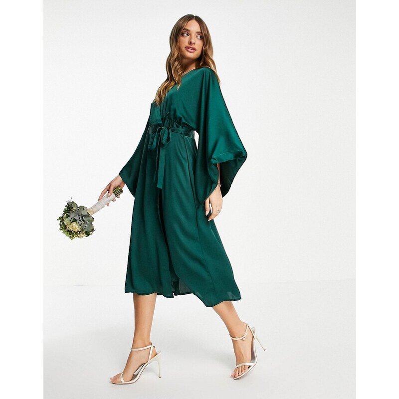 TFNC - Vestito midi da damigella avvolgente in raso verde smeraldo con maniche stile kimono