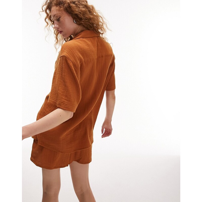 Topshop - Camicia a maniche corte in mussola testurizzata color ruggine in coordinato-Arancione