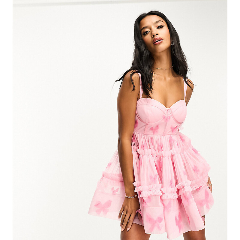 Esclusiva Lace & Beads Petite - Vestito corto rosa confetto con corsetto in tulle 3D