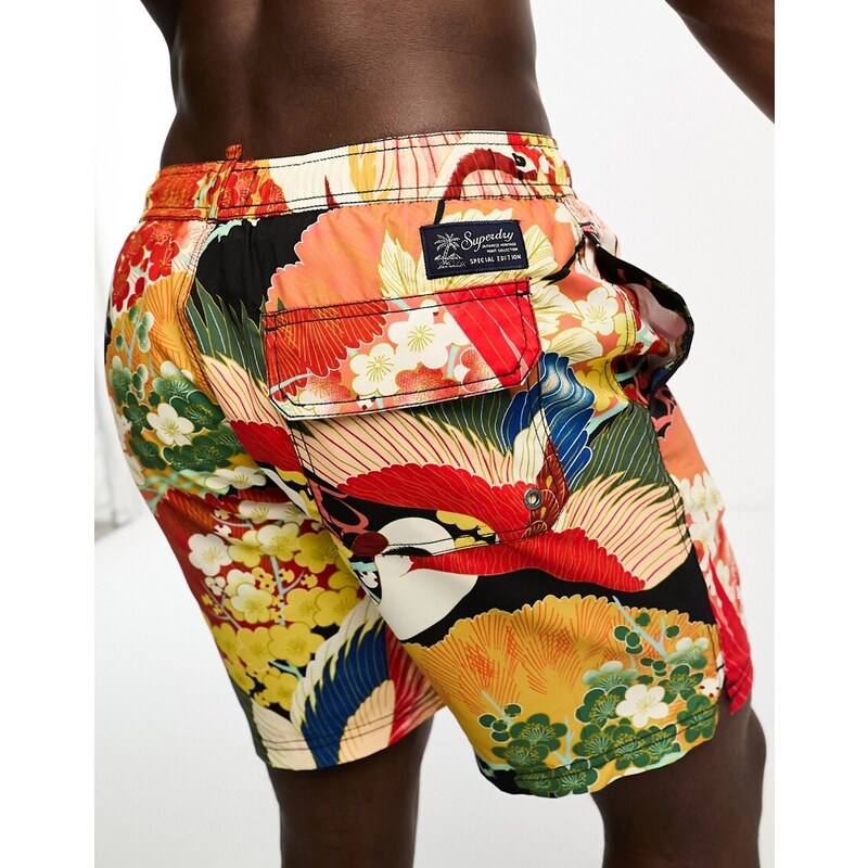 Superdry - Pantaloncini da bagno stile vintage arancione hawaiano-Rosso