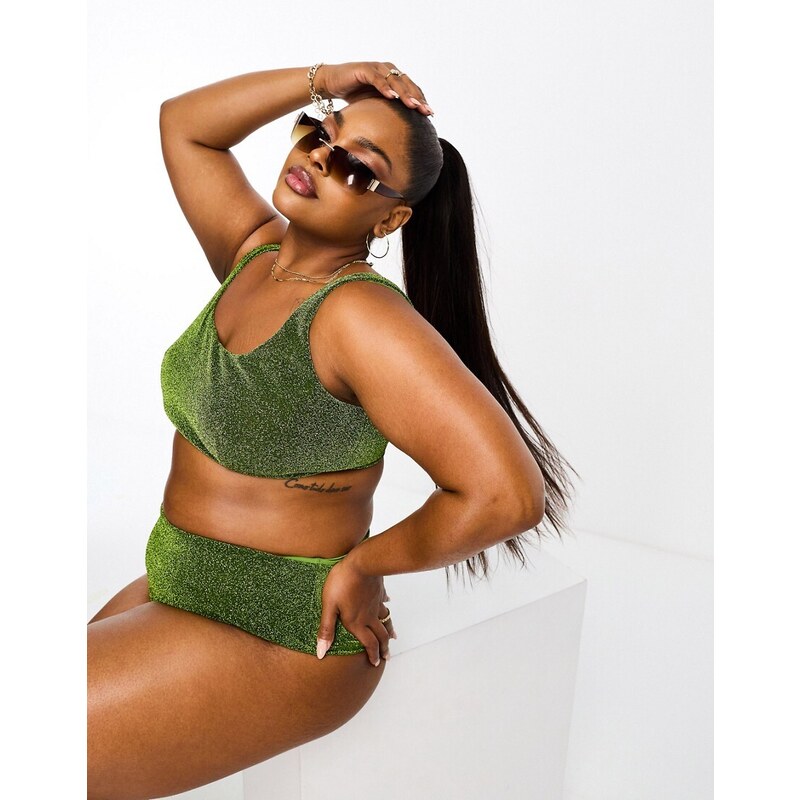 ASOS Curve ASOS DESIGN Curve - Mix and Match - Crop top bikini con scollo squadrato verde glitterato