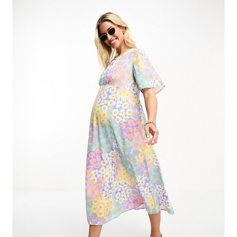 Influence Maternity - Vestito da giorno midi in tonalità pastello a fiori con maniche con volant-Blu