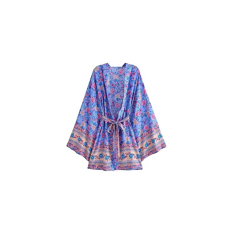 Accappatoio Kimono Lungo Indiano In Cotone Turchese A Fiori - Taglia Unica, Fatto A Mano
