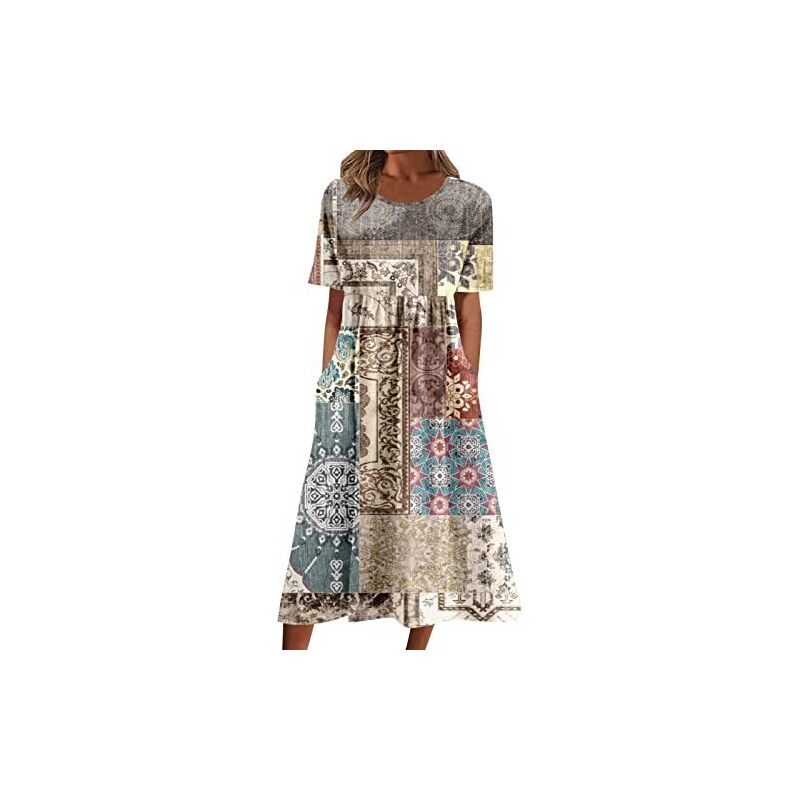 KEOMUD Abito Lungo Plissettato Donna – Maniche Corte, Girocollo, Tasche Laterali, Tessuto Morbido 75% Poliestere 25% Spandex, Per Estate E Primavera
