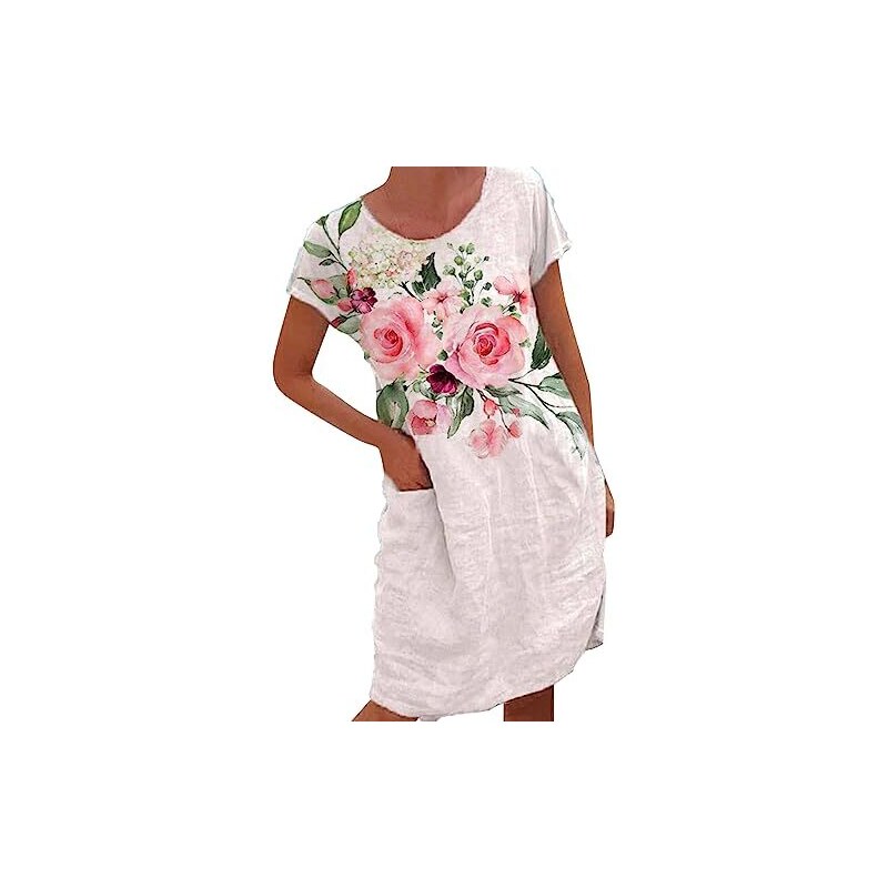 Abito da donna a righe, a maniche corte, con scollo a V, estivo, casual, casual, lungo, da spiaggia, con stampa floreale, O bianco., S