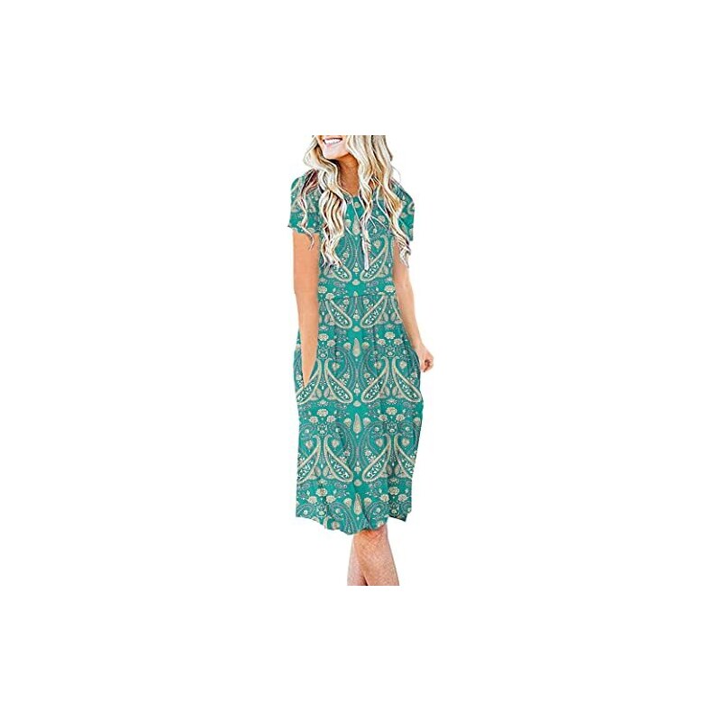 AUSELILY Abito Donna Estivo Vestito Casual Manica Corta Abiti Stile Impero  al Ginocchio con Tasche a Pieghe (Boho Verde Floreale, L) 