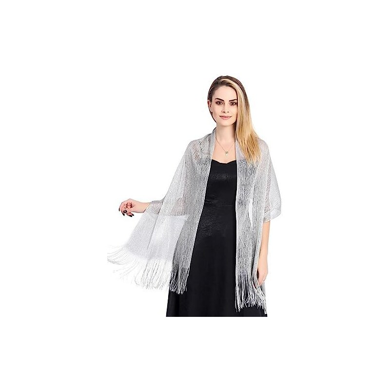 Scialle Donna Metallizzato Dorato Con Fibbia E Nappe, Elegante Per Matrimonio E Sera