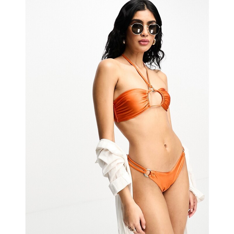 Hunkemoller - Desert - Slip bikini sgambati arancione ruggine con anelli-Rosso