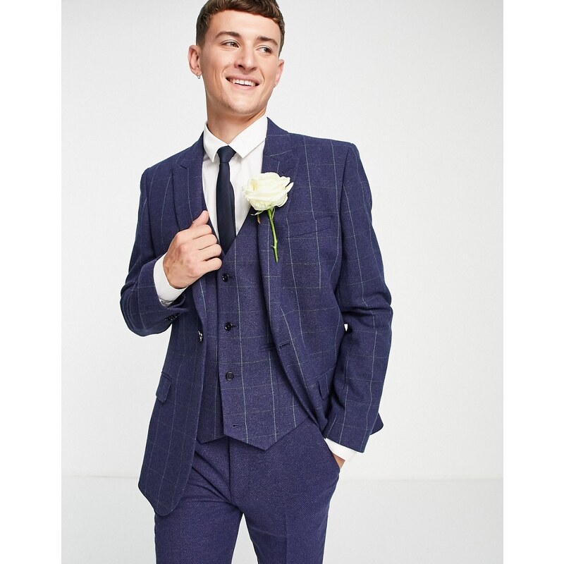 ASOS DESIGN - Country Wedding - Blazer skinny in misto lana, colore blu navy a quadri grandi