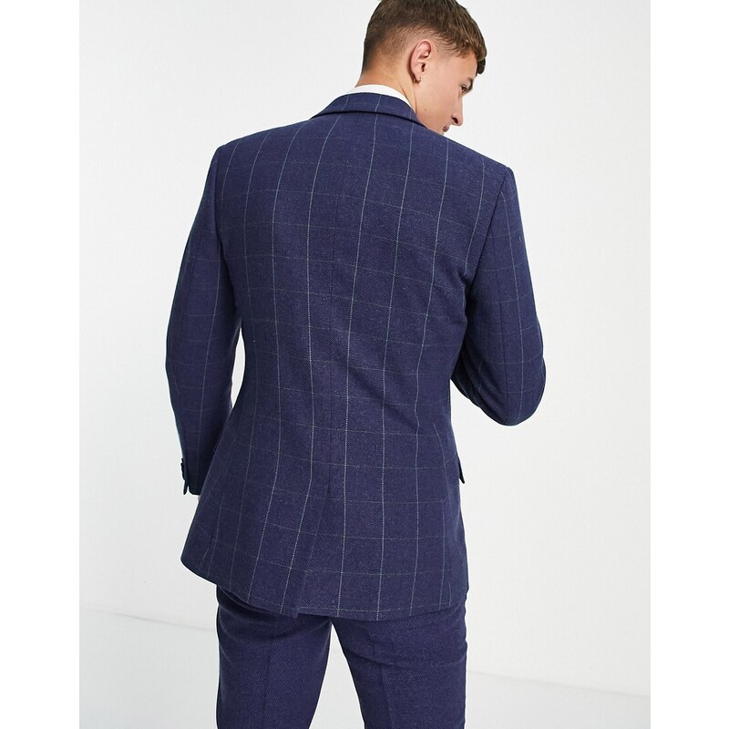 ASOS DESIGN - Country Wedding - Blazer skinny in misto lana, colore blu navy a quadri grandi