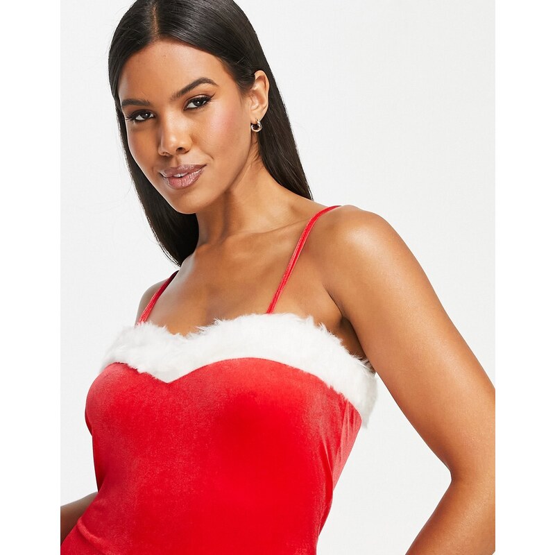 Threadbare - Santa - Tuta jumpsuit natalizia con spalline e bordi in pelliccia sintetica-Rosso