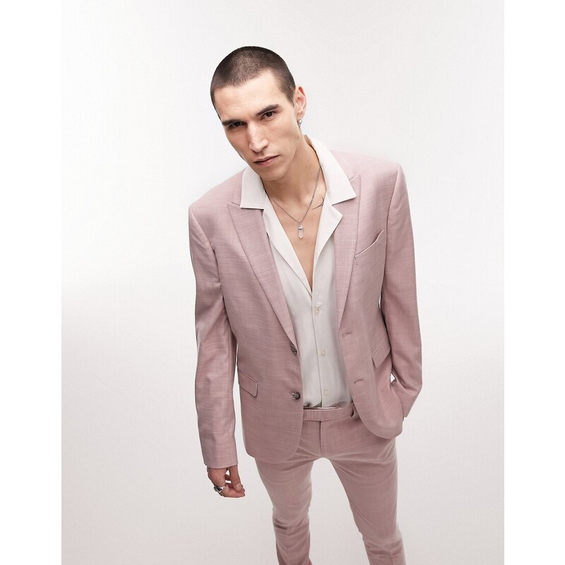Topman - Giacca da abito da cerimonia super skinny rosa con due bottoni