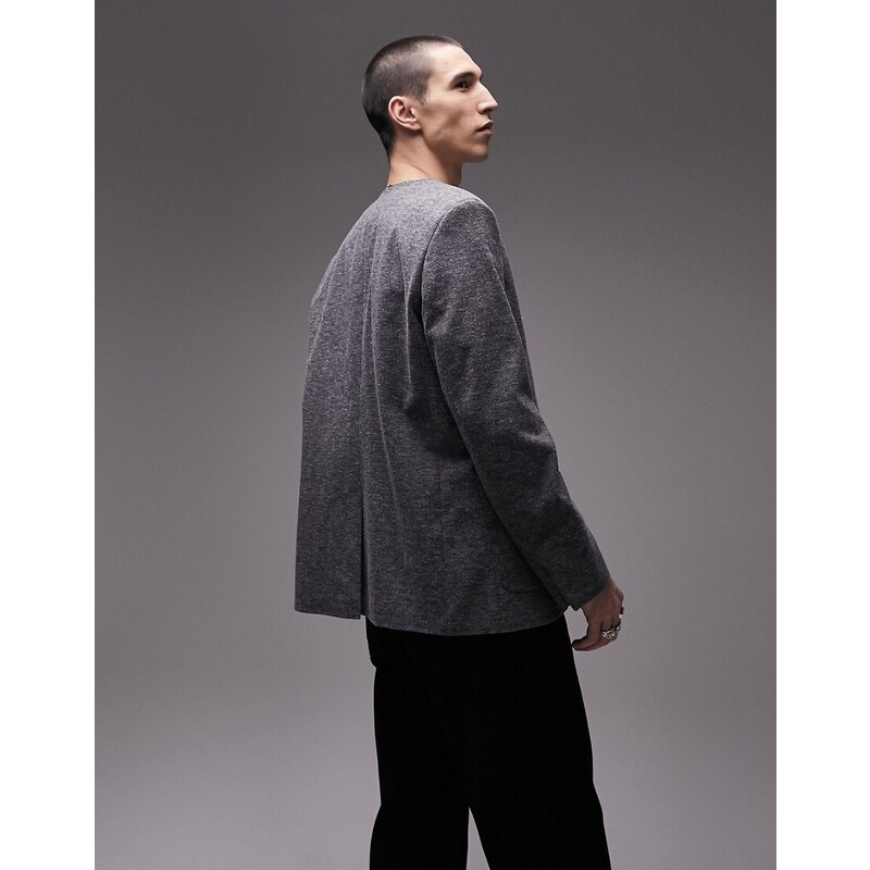 Topman - Blazer in jersey grigio oversize senza colletto