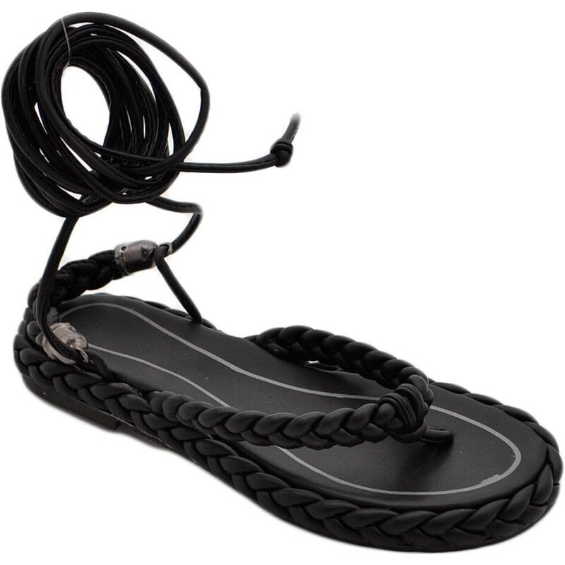 Malu Shoes Sandali bassi donna nero infradito con corda intrecciato suola in gomma nera moda Ibiza allacciato