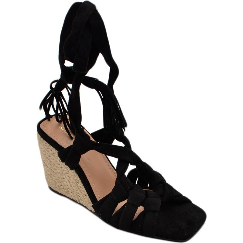 Malu Shoes Sandali zeppa donna nero in camoscio suola in cordone e gomma moda mykonos alla schiava gladiatore