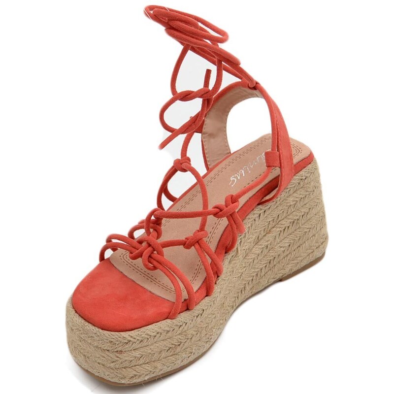 Malu Shoes Zeppa donna corallo morbidi lacci intrecciata alla schiava con fondo paglia asimmetrico platform moda estate donna