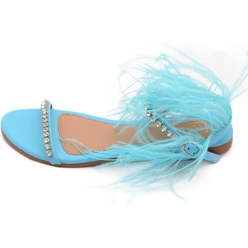 Malu Shoes Pantofoline allacciata alla caviglia donna piume peluche con applicazioni azzurro cielo fascetta strass moda glamour