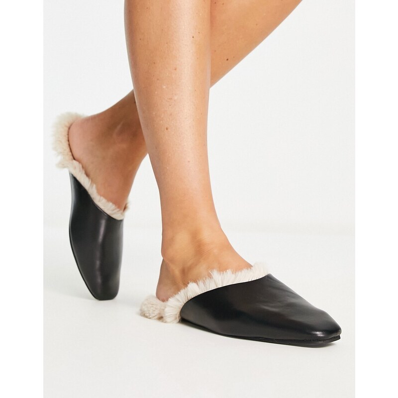 Loungeable - Pantofole sabot in pelle sintetica nera con interno in pelliccia sintetica color crema-Nero
