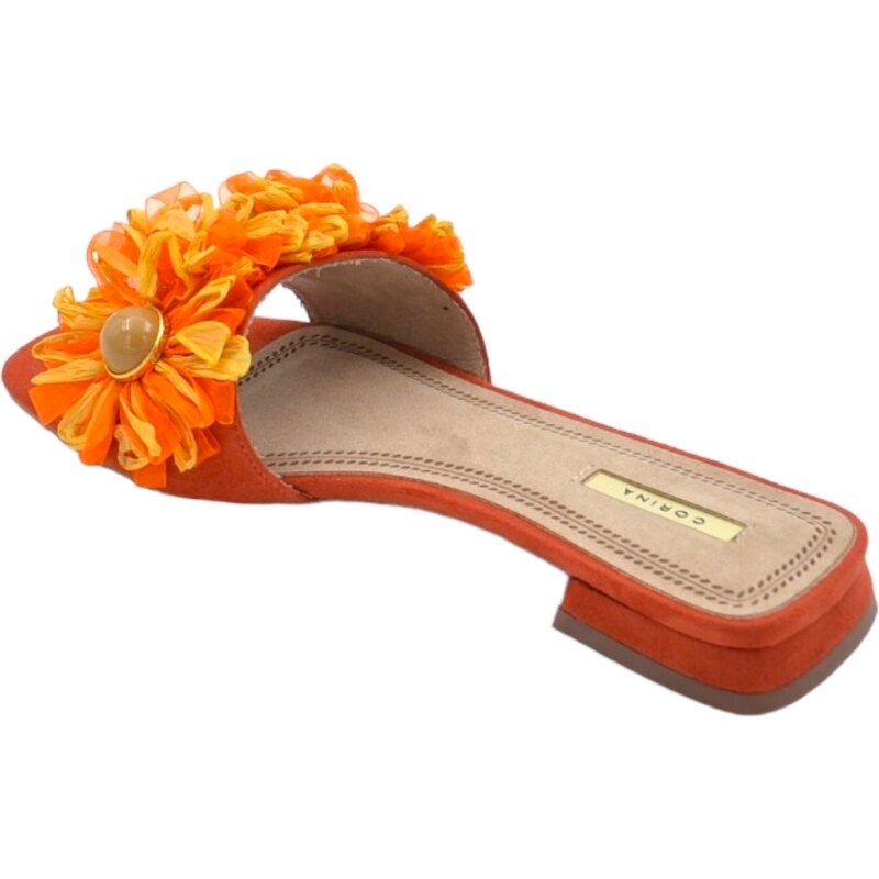 Malu Shoes Pantofoline donna mule arancione con applicazioni floreale voluminosa colorata punta quadrata morbide tacco largo 1 cm