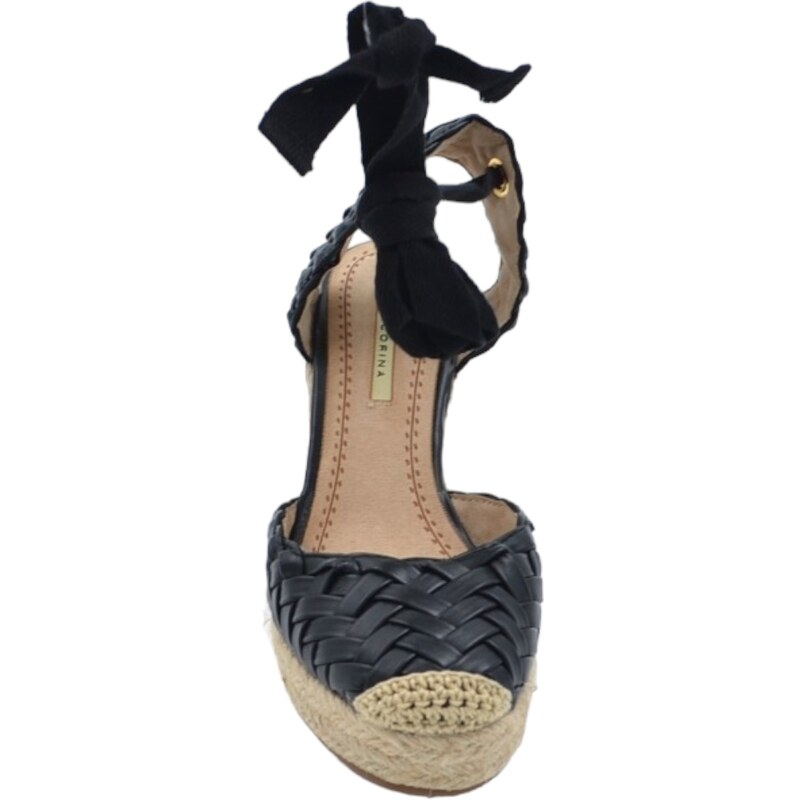 Malu Shoes Zeppa donna nero intrecciata pelle chiusura alla schiava fondo paglia asimmetrico platform zeppa 10cm plateau 3cm