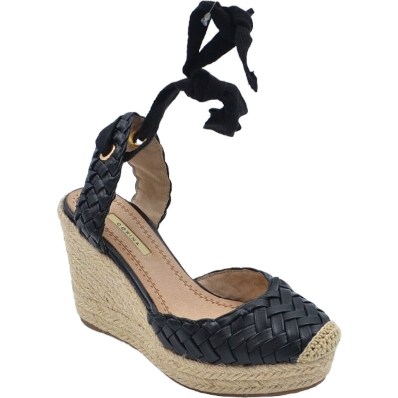 Malu Shoes Zeppa donna nero intrecciata pelle chiusura alla schiava fondo paglia asimmetrico platform zeppa 10cm plateau 3cm
