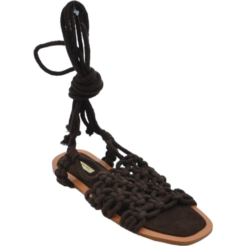 Malu Shoes Sandalo basso ragnetto donna estivo marrone raso terra con fascia unica intreccio avampiede e lacci alla schiava
