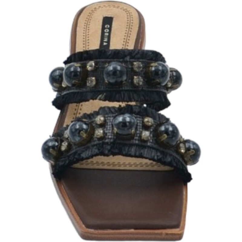 Malu Shoes Pantofoline donna mule nera con drappeggi e perline voluminosa doppia fascia punta quadrata morbide tacco largo 3 cm