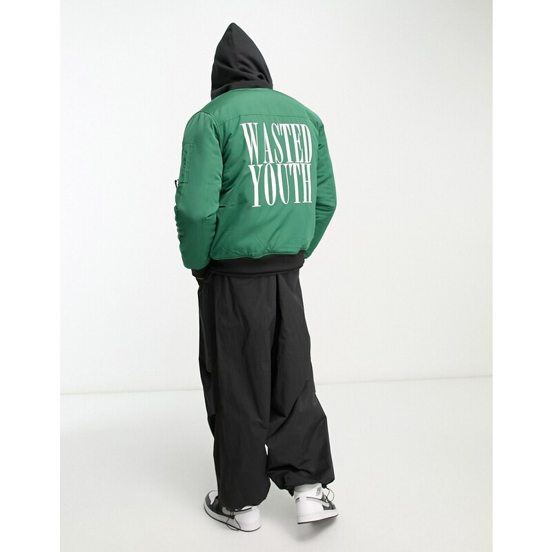 WESC - Giacca bomber verde con logo e stampa "Wasted youth"