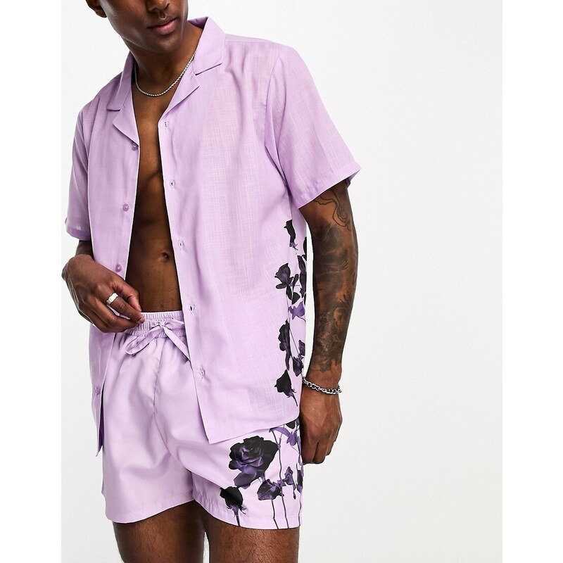 Bolongaro Trevor - Camicia da spiaggia viola con stampa di rose