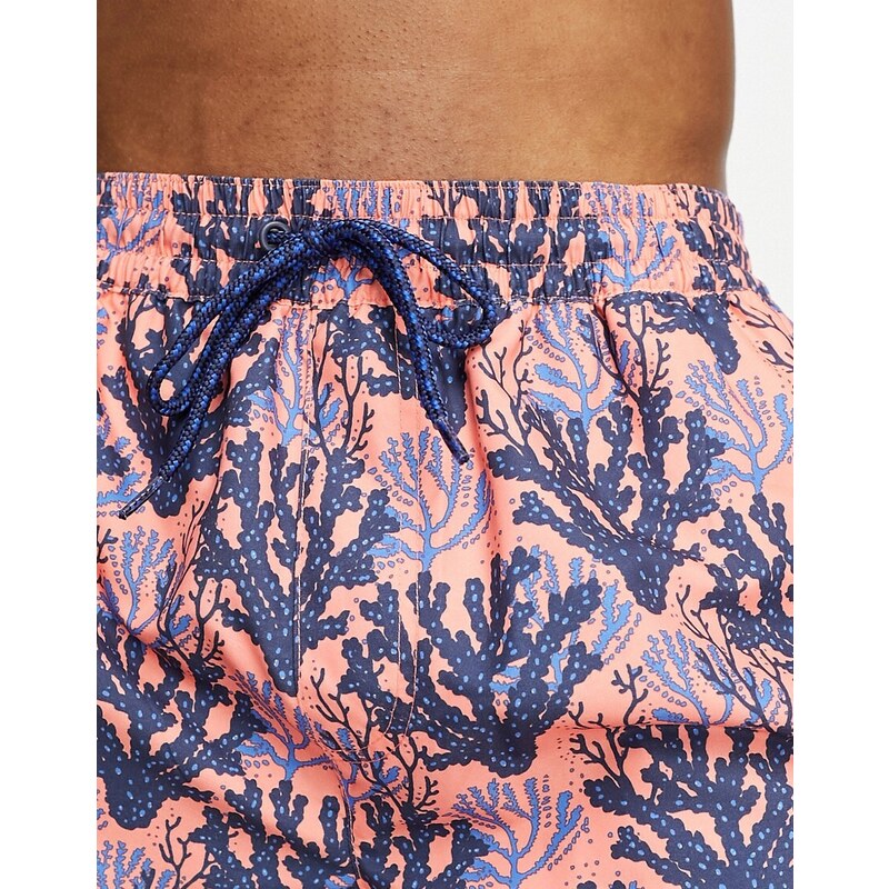 Threadbare - Pantaloncini da bagno con stampa di alghe color corallo-Arancione