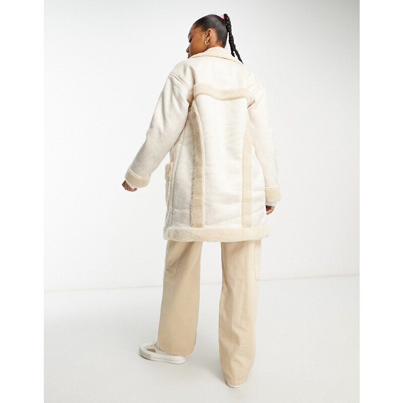 Hollister - Cappotto lungo in montone sintetico color crema-Bianco