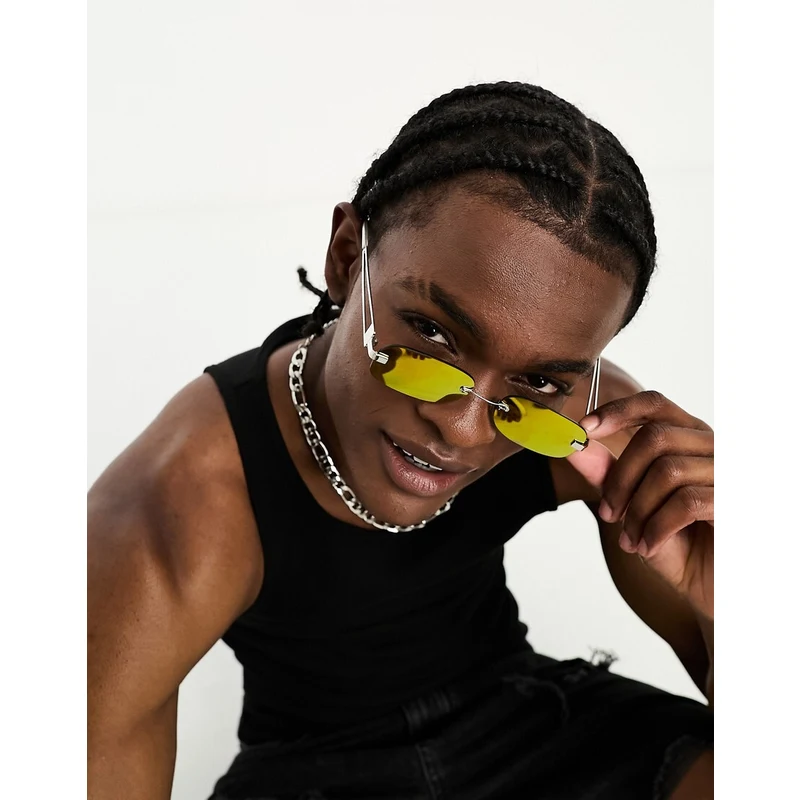 ASOS DESIGN Occhiali da sole rettangolari senza montatura argento con  lenti arancioni