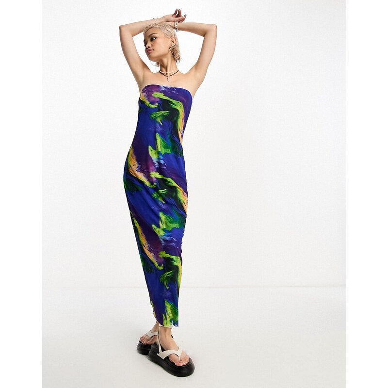 Only - Vestito lungo fasciante in rete con stampa marmorizzata multicolore senza spalline