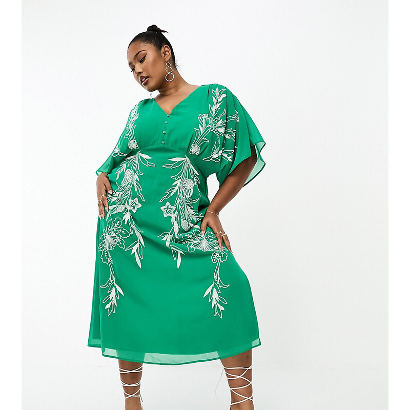 Hope & Ivy Plus - Vestito midi verde ricamato con scollo profondo