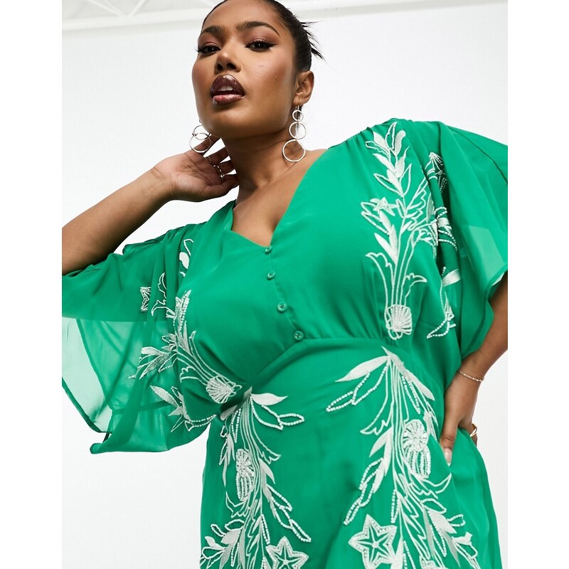 Hope & Ivy Plus - Vestito midi verde ricamato con scollo profondo