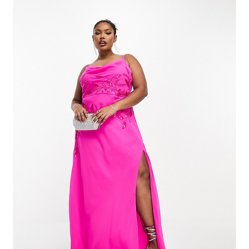 Hope & Ivy Plus - Vestito lungo decorato rosa acceso con scollo ad anello