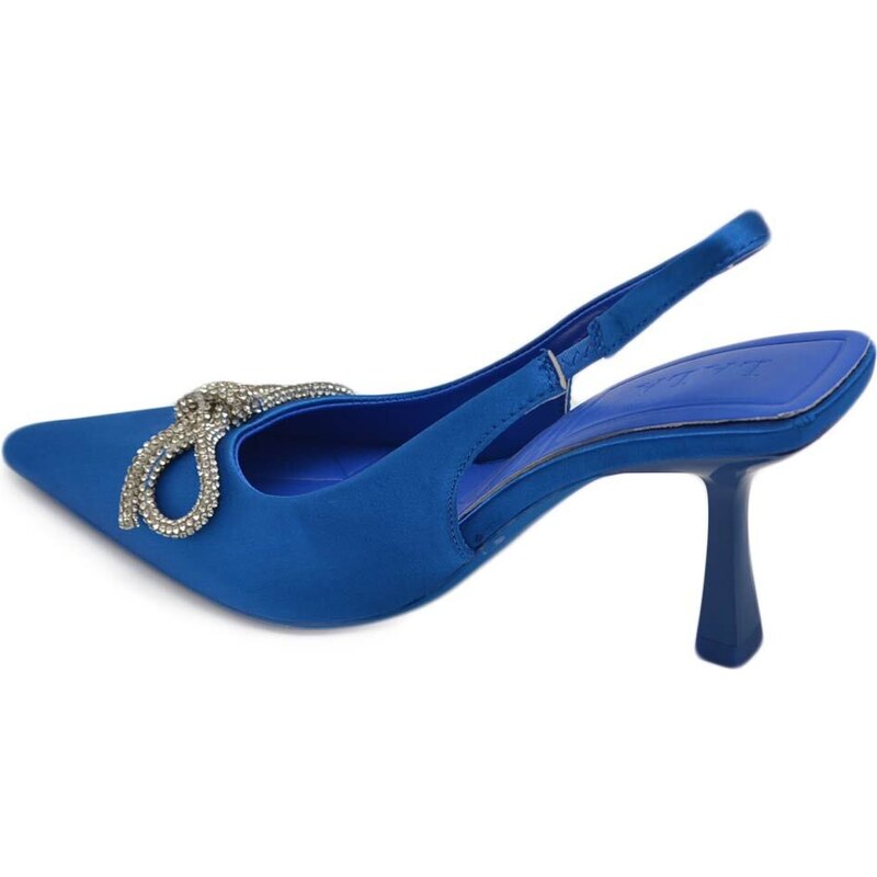 Malu Shoes Decollete' donna gioiello elegante fiocco strass in raso blu royal tacco a spillo 80 slingback fisso moda